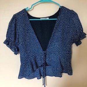 Wild Honey blue/white polka dot tie front crop